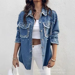 Colorful Rhinestone Denim Coats Women Jackets Y2k Streetwear Front Button Tassel Blouse with Pocket Coat Jeans Elegant Work