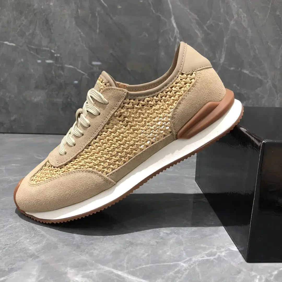 Men's Casual Shoes Top Layer Cowhide Hollow Out Breathable Apricot Color Summer Leisure Shoes Round Toe EVA Outsole