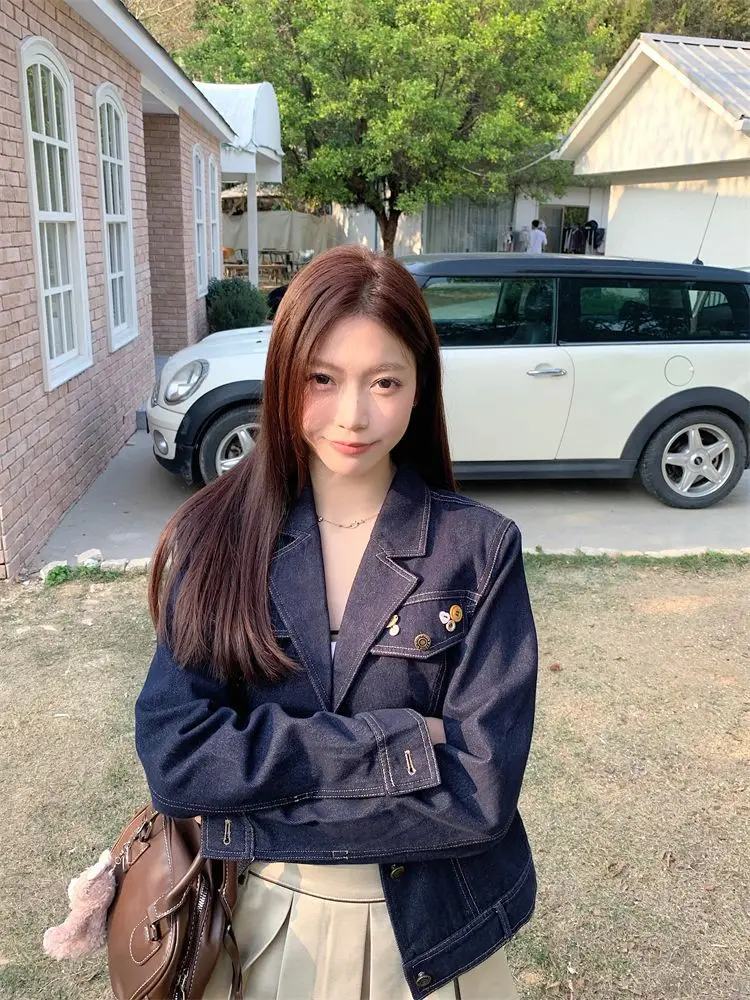 Korean Style Spring Autumn Dark Blue Retro College Denim Jacket Women Petite Girls Loose Casual Button Design Short Coat