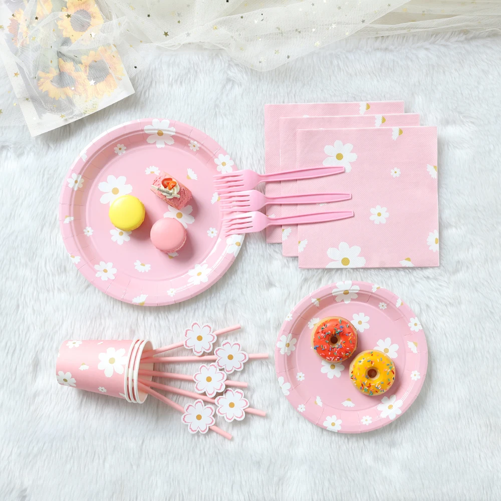 Daisy Theme Birthday Party Decor Pink Disposable Tableware Daisy Paper Plate Napkin for Baby Shower Birthday Party Wedding Decor