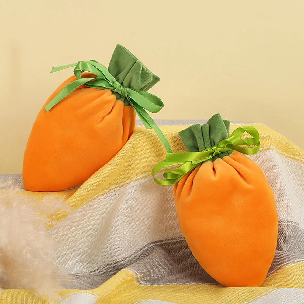 1/5/10pcs Velvet Gift Bag Easter Carrot Velvet Jewelry Basket Easter Rabbit Ear Candy Bags With Drawstring For Party Supplies