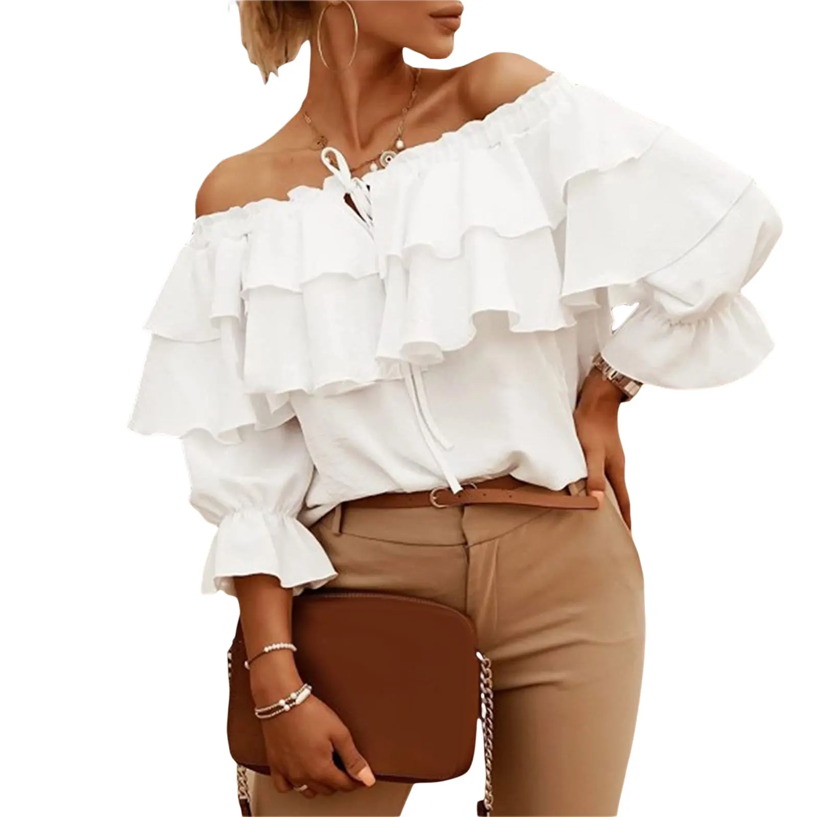 Chiffon Blouse Women\'s Elastic Shoulder Strap Ruffle Shirts Loose Solid Color Boat-Neck Off-Shoulder Half Sleeve Tie-Up Blouse