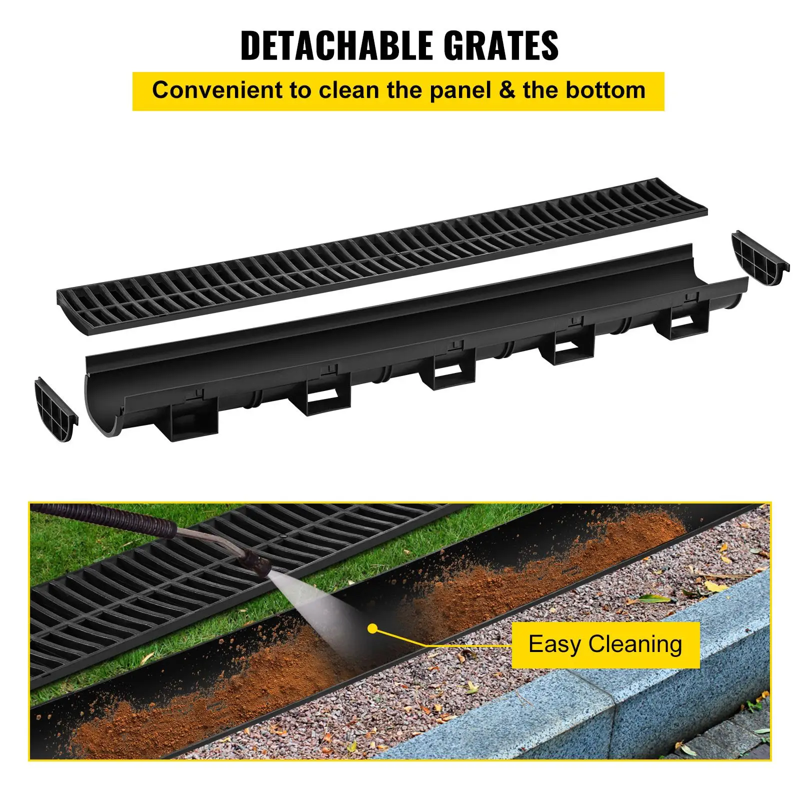 3 Pack HDPE Trench Drain Channel with Black Plastic Grate 5.7x3.1 Inch Garage Floor Drain 3x39 Inch Channel Drain with 3 End for garden Driveway
