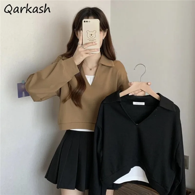 

Fake 2 Pcs Sweatshirts Women Long Sleeve Cropped Clothing Autumn Harajuku Hipster Cozy All-match Fashion Korean Mujer Ropa New