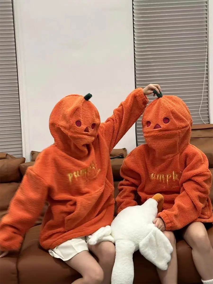 Y2k Oversized Hoodie Pumpkin Funny Cute Hoodie Clothing Lamb Plush Sweater Coat Hooded Cartoon Autumn and Winter Sweater Loose