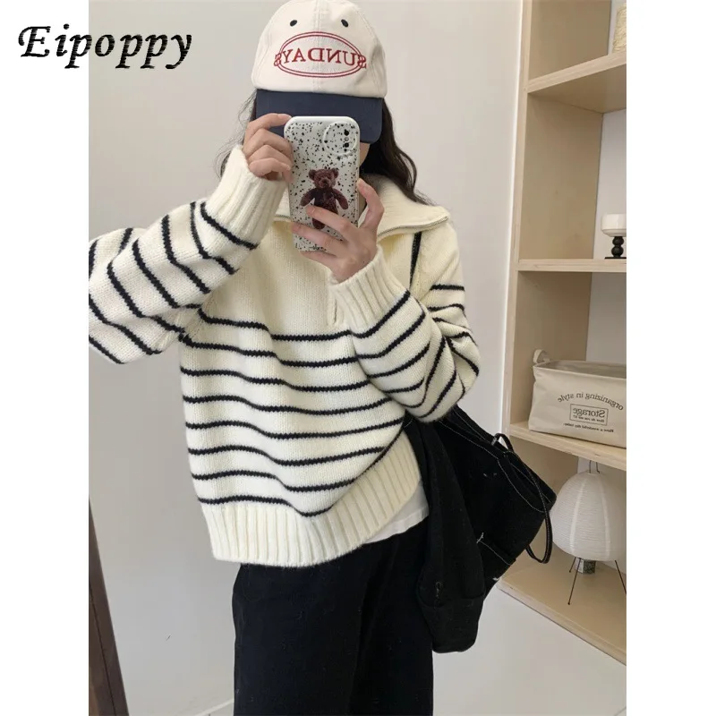 เสื้อสเวตเตอร์แบบสวมหัวมีซิปครึ่งตัวสำหรับผู้หญิงเสื้อสเวตเตอร์หนาสไตล์เกาหลีทรงหลวมและขี้เกียจใหม่