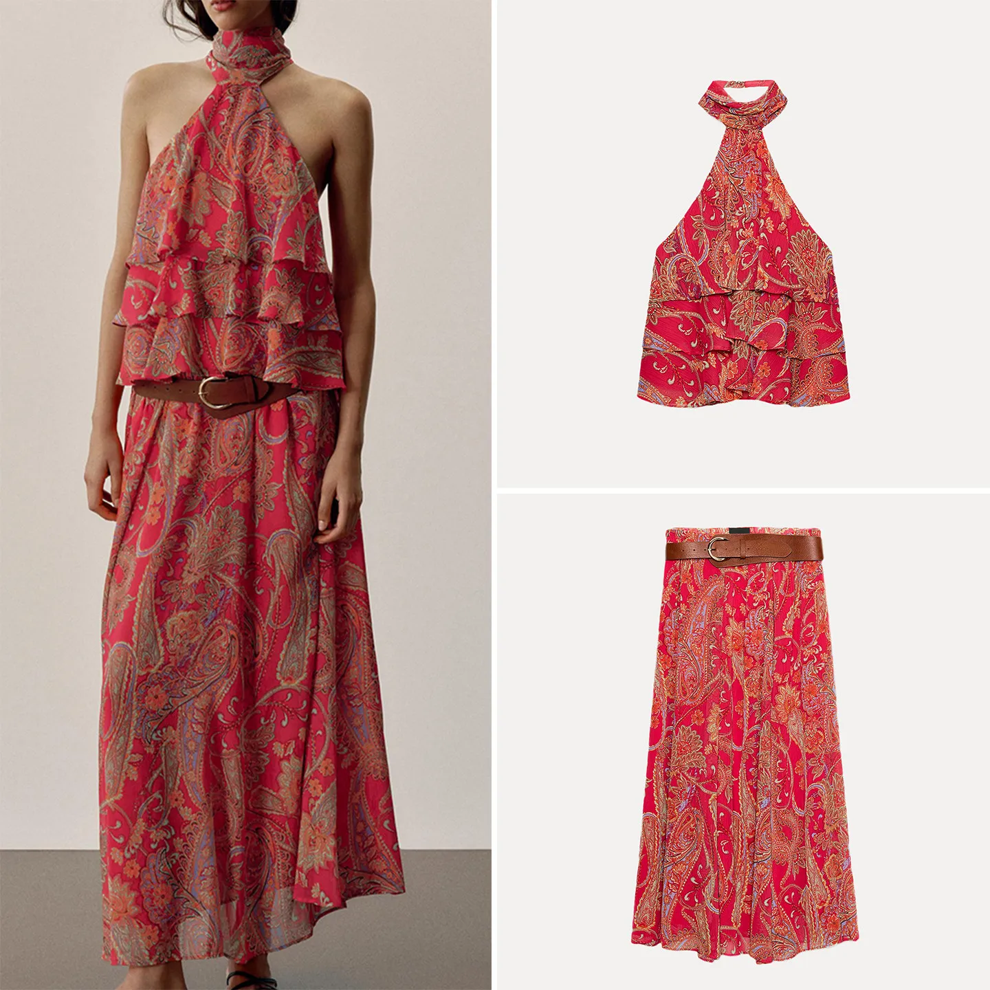Summer Fashion Women's Outfit with Belted Halter Neck Top And Skirt with  Knot ZADATA Brand Two-Piece Set