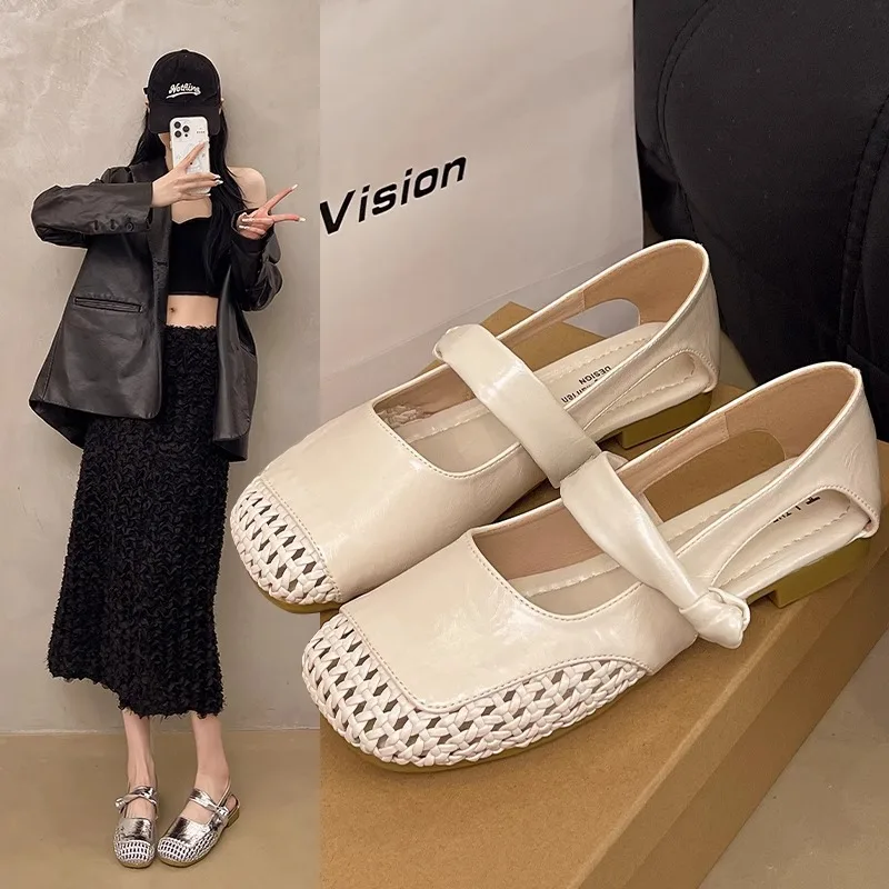 

Soft Leather 2025 Summer Hollow-out Roman Sandals Women's Casual Fairy-style French Mary Jane Flats