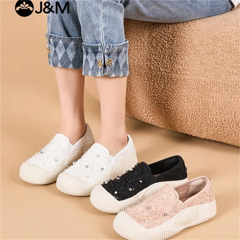 J & M-Mocassins à plateforme en dentelle pour femme, chaussures décontractées à enfiler, baskets noires et blanches, mode printemps et été 2024