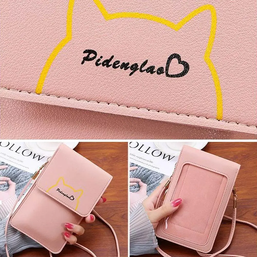 Women Shoulder Bags Cat Soft PU Leather Cross-body Handbags Portable Cell-phone Bag Money Purse