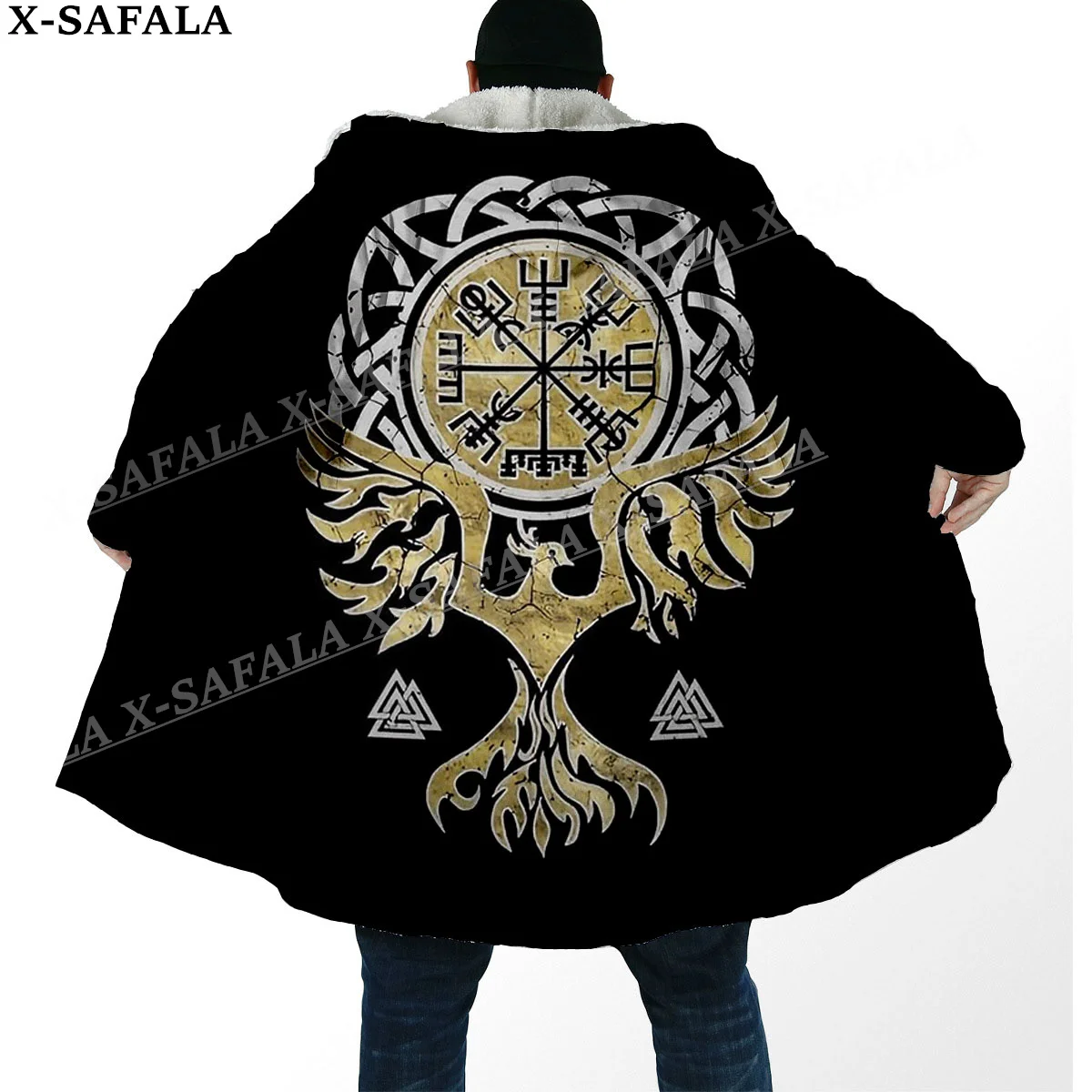 Symbol Tattoo Viking Totem Arts Thick Warm Hooded Cloak Men Overcoat Coat Windproof Fleece Cape Robe Hooded Blanket-4