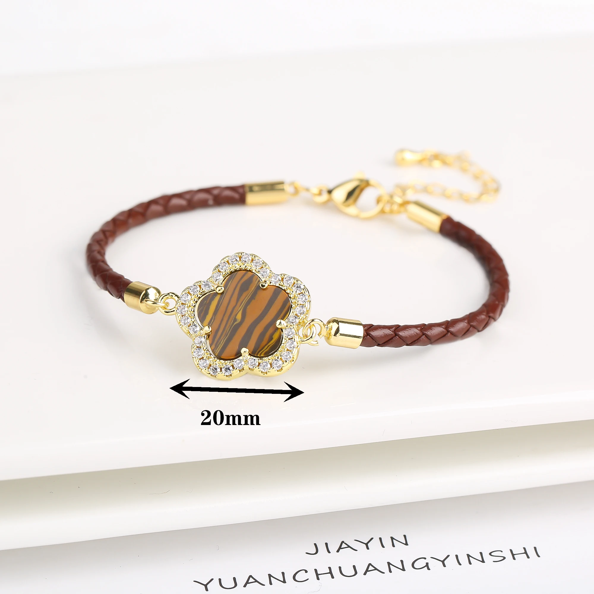 Classic Genuine Leather Woven Natural Stone Flower Charm Bracelet