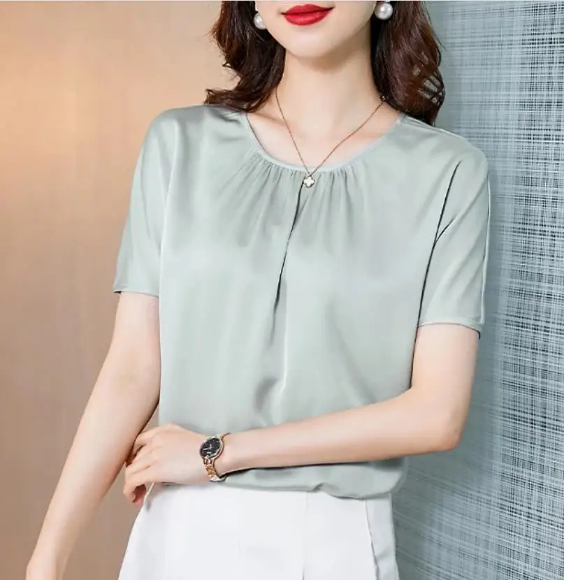 Summer Office Women's Chiffon Blouse plus Size Short Sleeve Acetate Satin Artificial Silk Fashion Top Lady Moda Blsuas Mujer