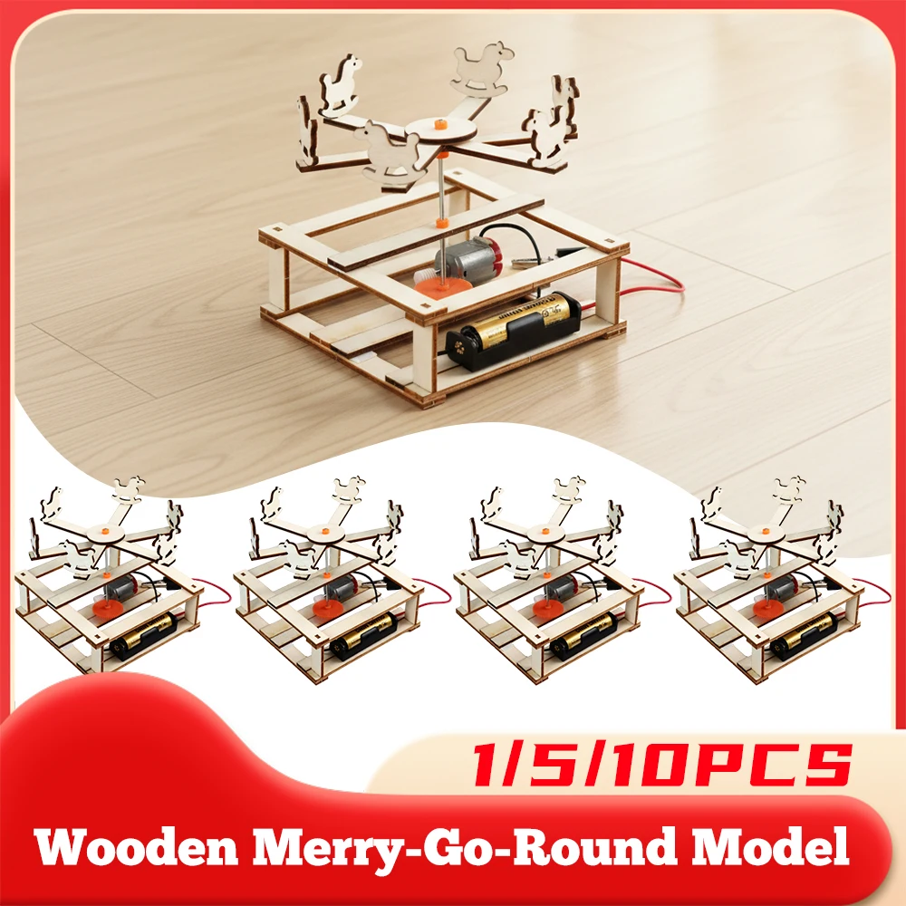 Model karuzeli drewnianej do samodzielnego montażu, zasilany bateryjnie, zabawka edukacyjna, bezpieczna, ekologiczna, do eksperymentów naukowych.