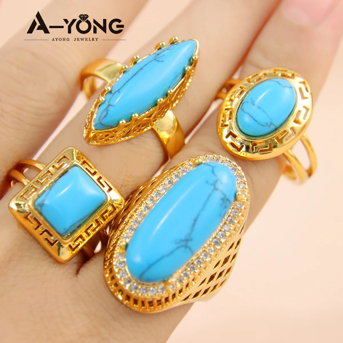 Luxury Dubai Gold Plated Rings 21k Gold Color Turquoise Fashion Couples Ring Saudi Middle East Women Wedding Jewelry