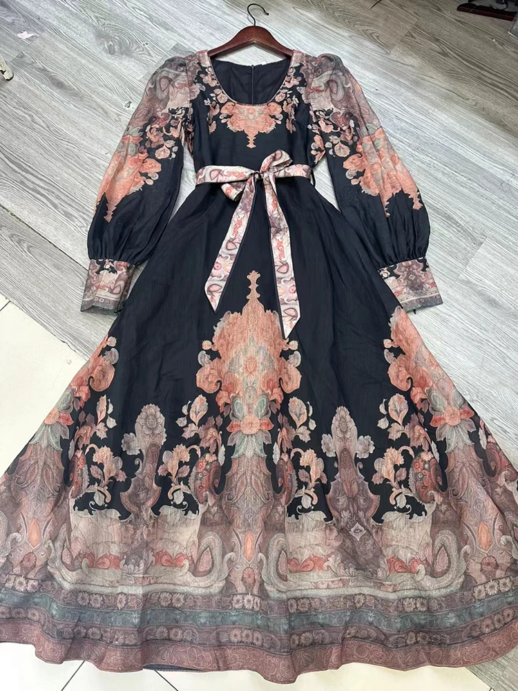 ILYBOOJUN Hit Color Printing Spliced Lace Up Dress For Women Round Neck Lantern Sleeve High Waist Temperament Dresses Female