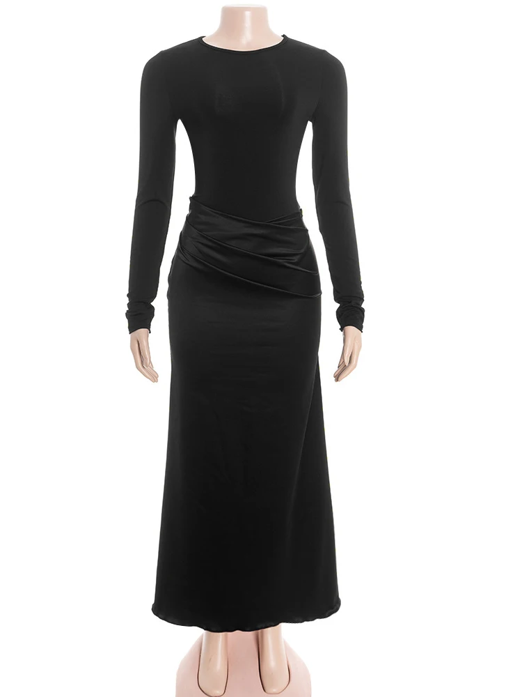 JULISSA MO Abito lungo da donna a maniche lunghe in raso patchwork Abito lungo marrone girocollo a vita alta Abito invernale nuovo elegante abito da sera per feste