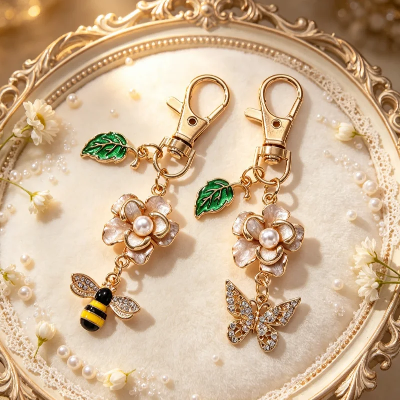 1 Stück Wunderschöner Emaille-Schlüsselanhänger mit Perlenblume, Schmetterling, Blatt und Honigbiene, handgefertigt, DIY, Frühlings-Taschenanhänger, Accessoire, Geschenk für Freunde