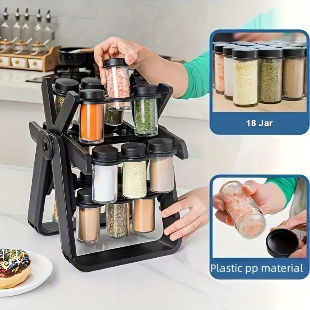 

360 Degree Rotation Ferris Wheel Spice Rack Space-Saving with 18 Glass Jars Rotating Spice Rack Multi-Tier Spice Jar Storage Set