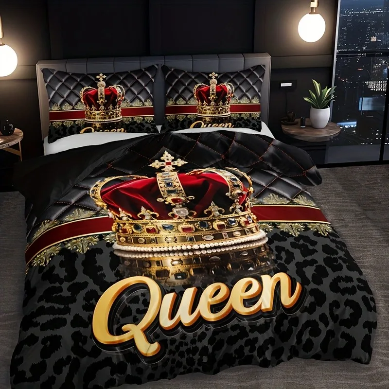 Crown Queen Leopard Print Duvet Cover Set High Definition 1 Duvet Cover + 2 Pillowcases for Home And Dormitory