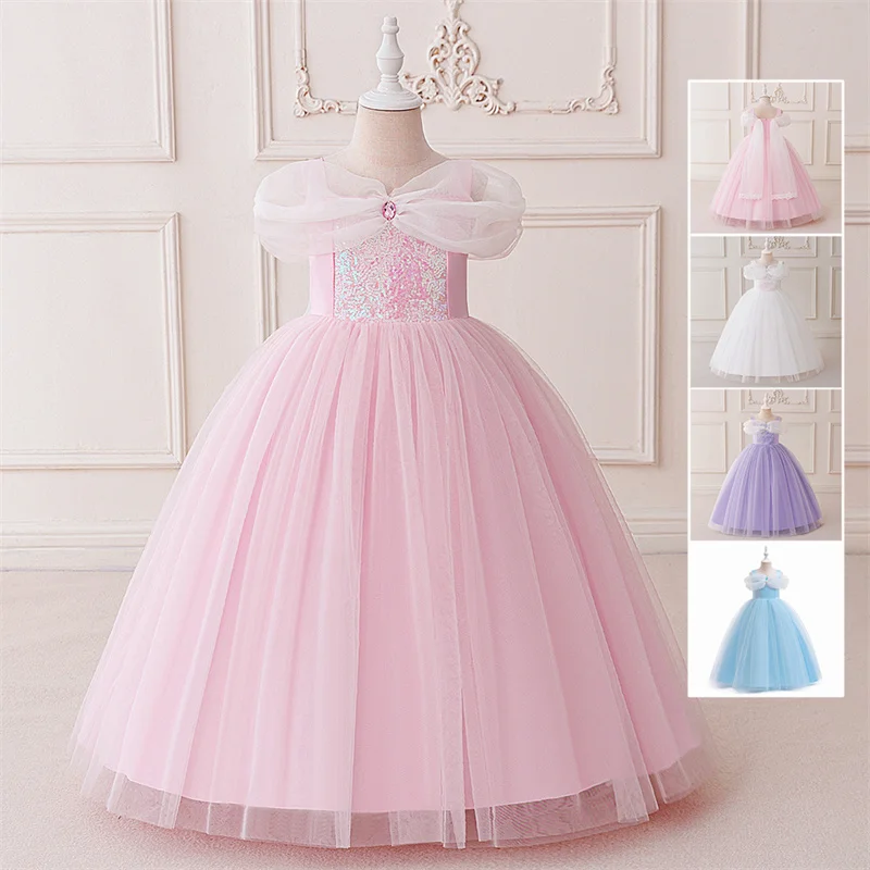 Fancy Dresses Girls Princess Formal Communion Prom Gown Children Elegant Birthday Party Tulle Vestidos Kids Mesh Puffy Clothing