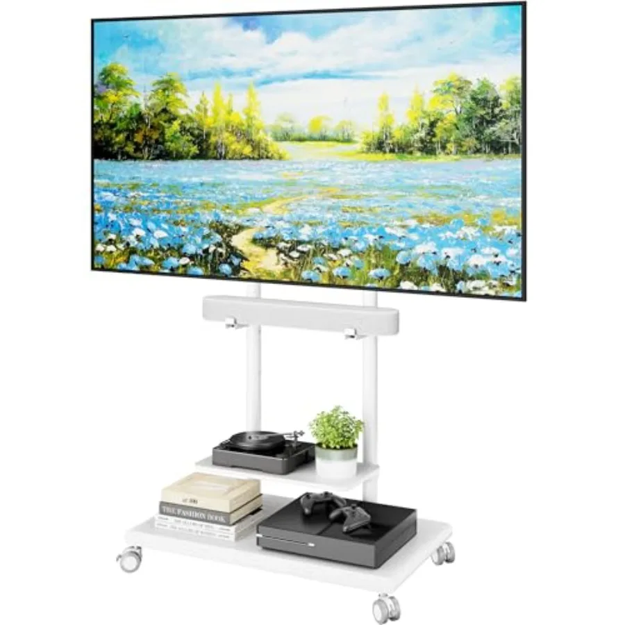 Mobile TV stand for 50-90 inch TVs up to 154lbs steel base with soundbar mount white swivel/tilt and height adjustable large st