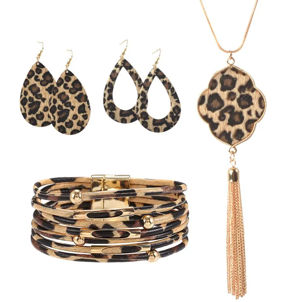 

Leopard Necklace Bracelet Jewelry Kit Alloy Earrings Pendant Retro Bracelat Dangler Necklace Set Gifts For Women PARTY