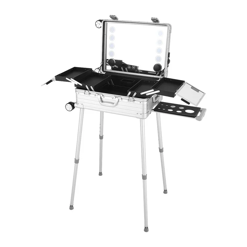 Aluminum-magnesium alloy cosmetic case with lamp, LED dimming with Bluetooth toolbox for professional follow-up artists