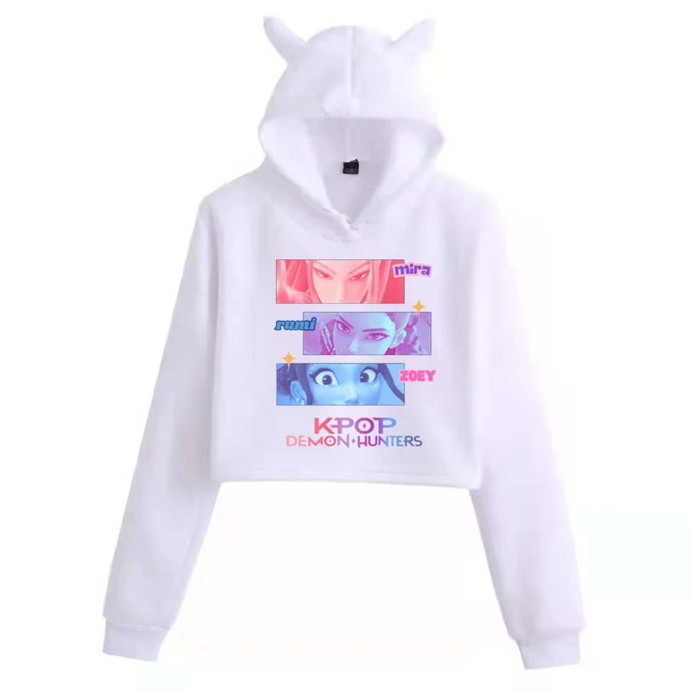 KPop デーモンハンターファンマーチミラルミゾーイ Huntrix クロップトップス猫耳トレーナー長袖ガールズファッションパーカー
