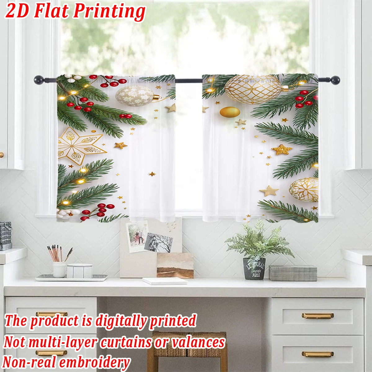 クリスマス柄のキッチン用シアーカーテン、メリークリスマスのボール、星、ベリー、松の枝付き、クリスマスの家の装飾、パーティー用