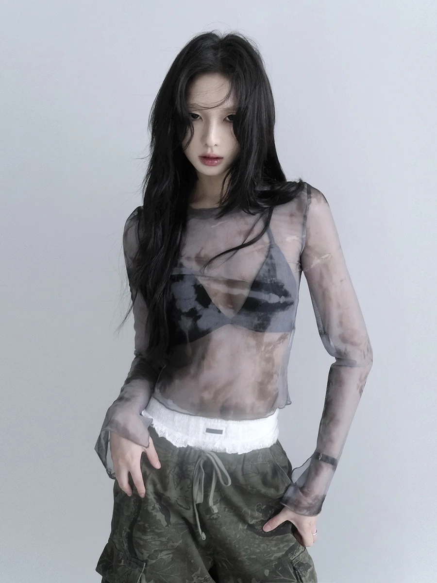 

Romantic Universe Tie Dye Me Slim Fit Women's Top Thin Summer Design Sense New 2024 round Ne Long Sve Lace irt