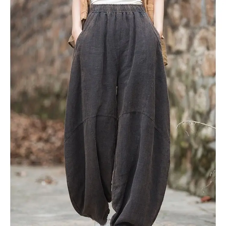 Pantaloni lunghi da donna di fascia alta in lino di cotone primaverile estivo con sabbia fritta vecchie pantaloni larghi da meditazione Tai Chi