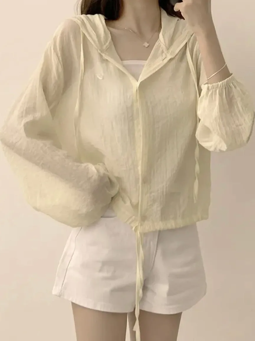 Koreaanse Sle Faion enkele knop UV-bescherming chiffon top met capuchon dames vroege herfst lang Sve lichtgewicht veelzijdig...