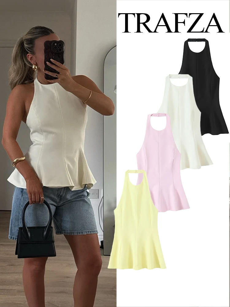 

TRAFZA Women Summer New Solid Hanging Neck Collar Sleeveless 4 Color Top Female Sexy Fashion Backless Zipper Short Skirt Hem Top
