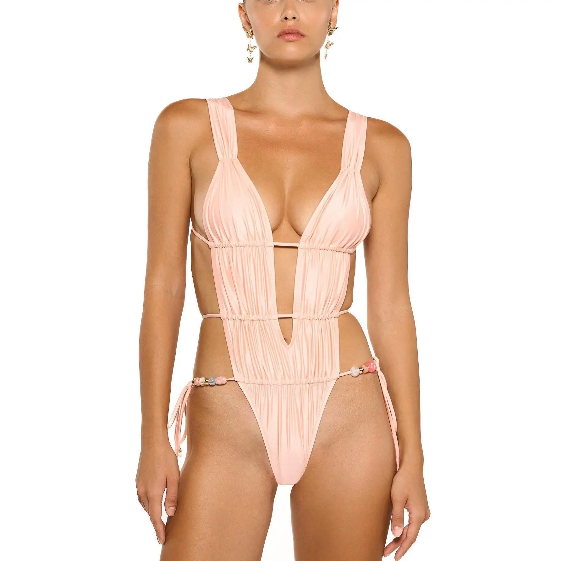 2025 New Sexy Solid Color Strap One-piece Swimsuit for Women with Exposed Straps and Bead Bikini 25162