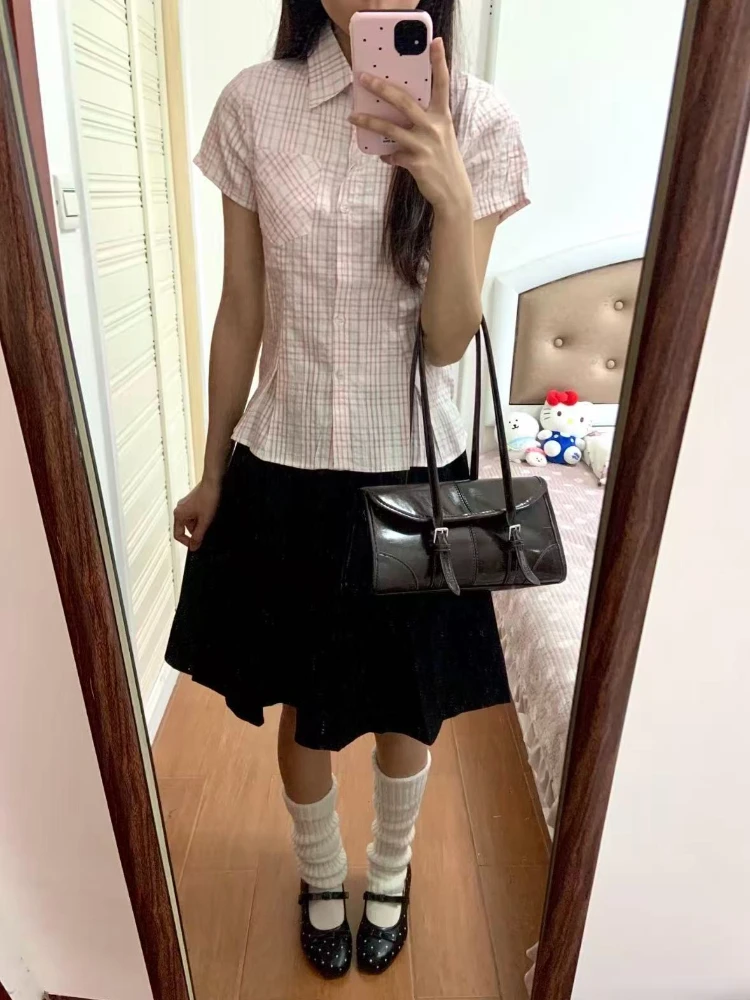 Japanisches Vintage Harajuku Kariertes Crop-Shirt für Damen, Y2K 2000er Slim Casual Kurze Bluse, Subkultur Sommer Streetwear Alltagskleidung