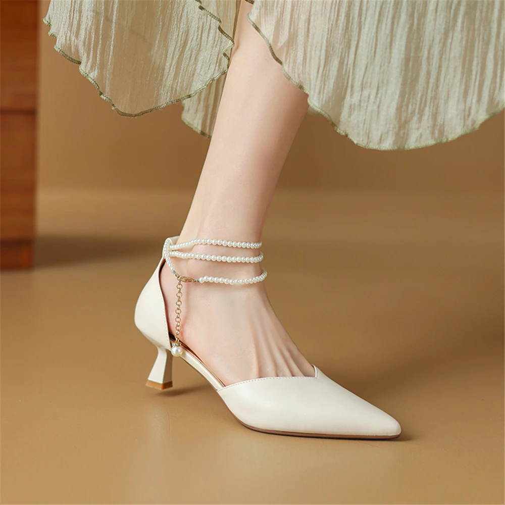 FEDONAS New Women Genuine Leather Pumps Elegant Pearl Decoration Party Wedding Shoes Woman Pointed Toe Prom Pumps Shoes