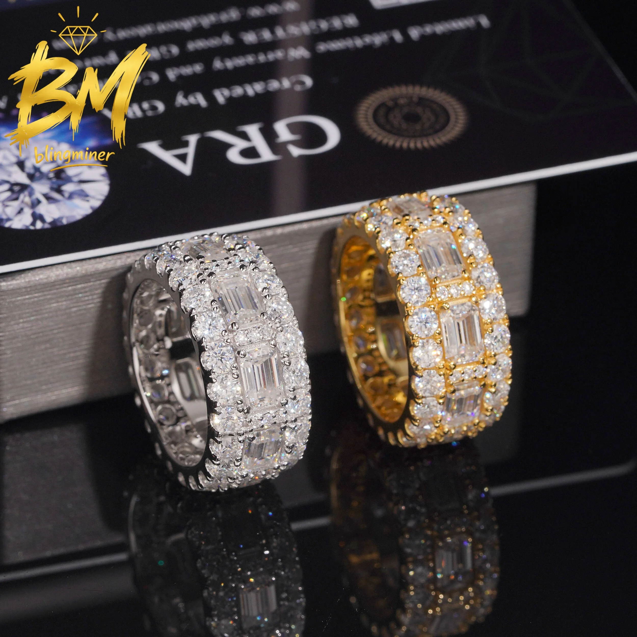 Blingminer Hip Hop Emerald VVS Moissanite Rings For Men Women S925 Silver Finger Jewelry Pass Diamonds Tester GRA Free Shipping
