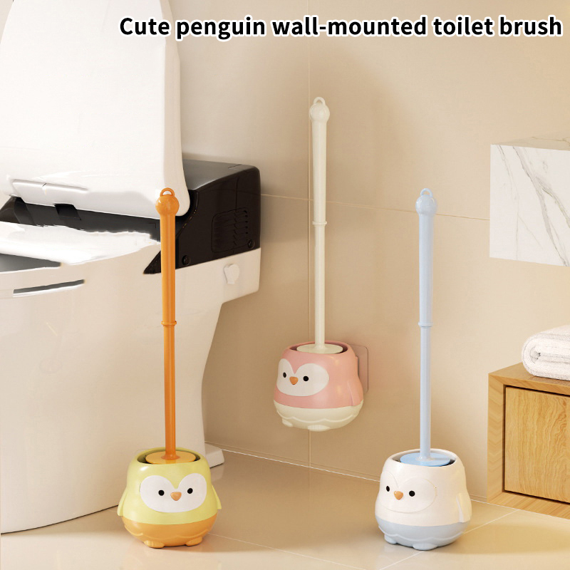  Z. Cute Cartoon-style Toilet Brush With Base,No-drill,Wall-mounted, Long-handled Design For Bathroom Use,Perfect For All Angles 
