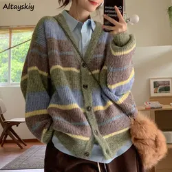 V-neck Panelled Striped Cardigans Women Vintage Chic Casual Loose Harajuku Korean Fashion Knitted Sweaters Autumn Streetwear Ins