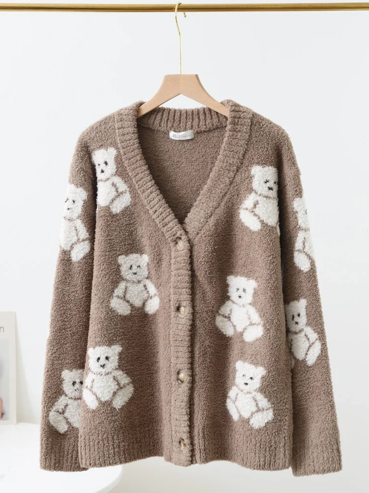 Japanese Kawaii Soft Comfortable Pajama Sets Cute Bear Full Print Long Sleeve Trousers Homewear Suit Fall Winter Loose Sleepwear