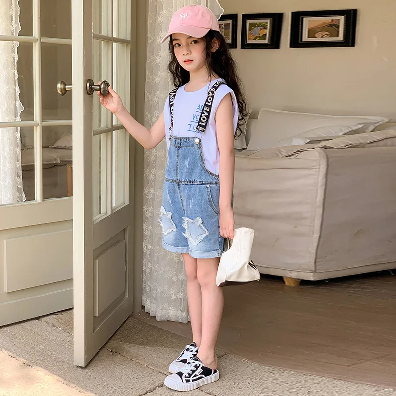 2024 Korean Summer School Girl Clothing Set Teenager Girl Casual Sweat Short Sleeve+Denim Suspender Shorts Students Clothes Sets