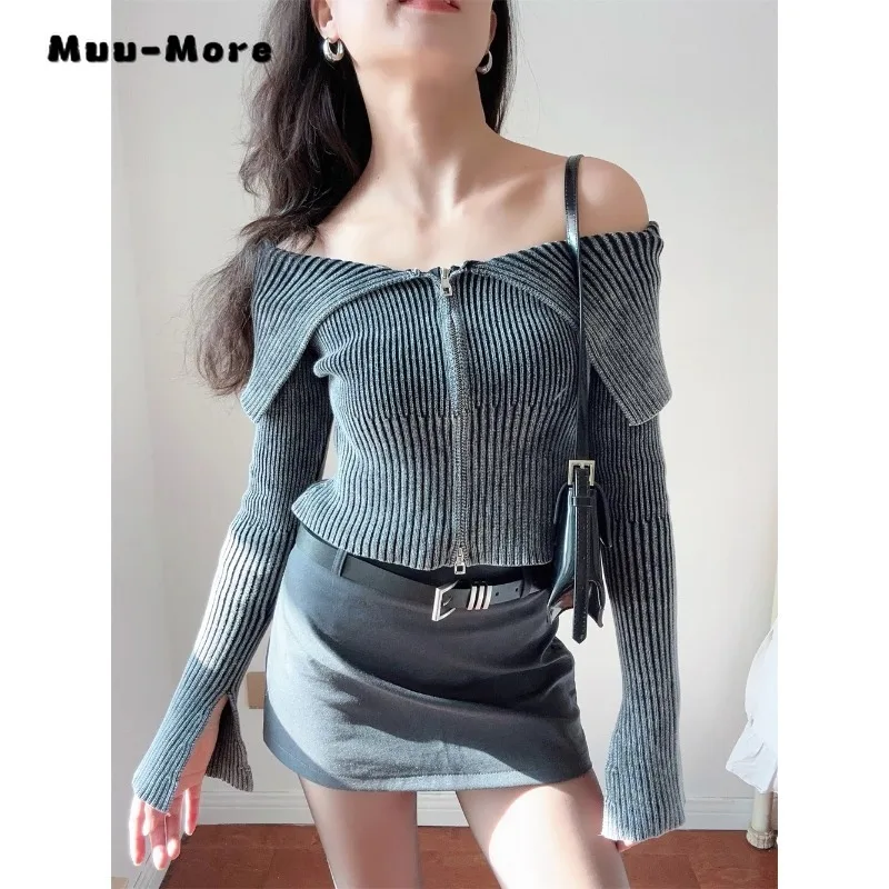 

2024 Y2K Hotsweet Shoulder Zipper Sweater Women Long Sleeves Sexy Slim Knitwear Top Spring Fashion Dark Series Knitted Cardigan