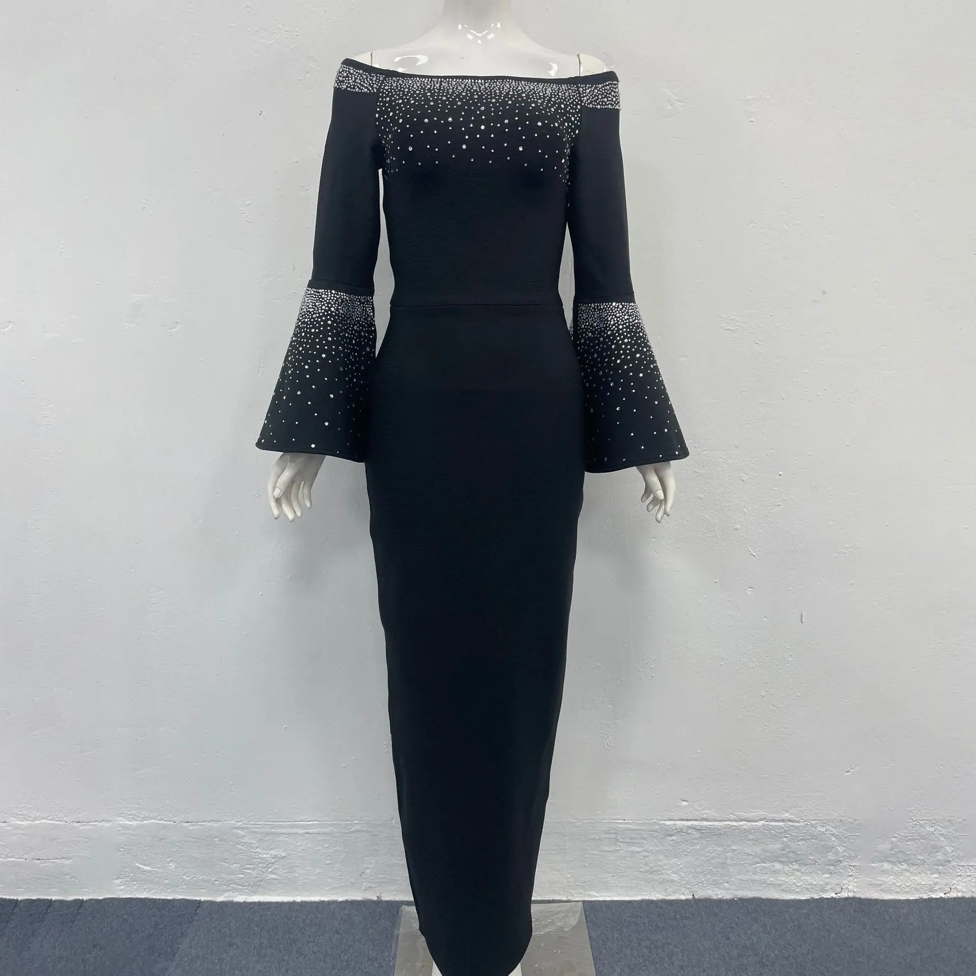 

Women’s Black Off-the-Shoulder Beaded Bell Sleeve Bodycon Maxi Dress Vintage Glam Formal Evening Gown