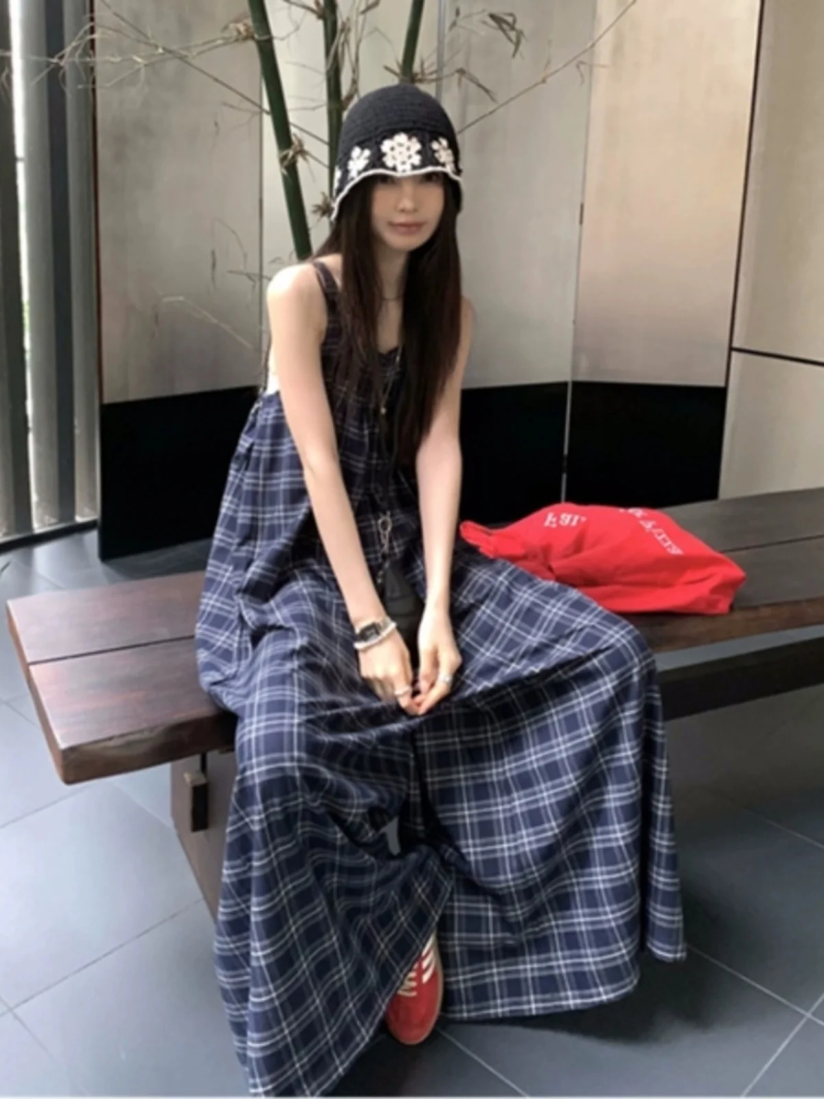 Retro Plaid Halter One-Piece Wide Leg Pants Women Summer New Lazy Style High Waist Loose Slimming Casual Overalls