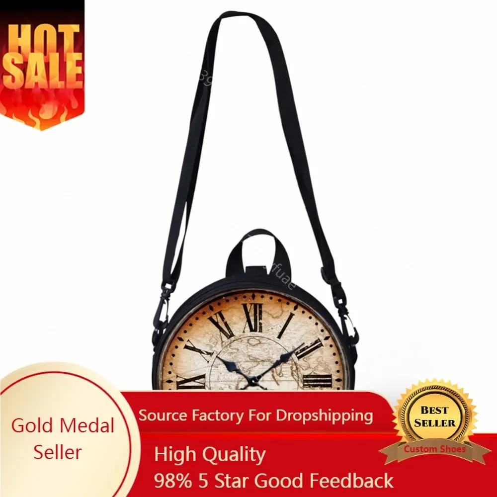 ELVISWORDS Fashion Circle Crossbody Pack Mini Girls Round Bag Cute Clock Print Women Shoulder Sac Clock Bag Lady Purse Wholesale