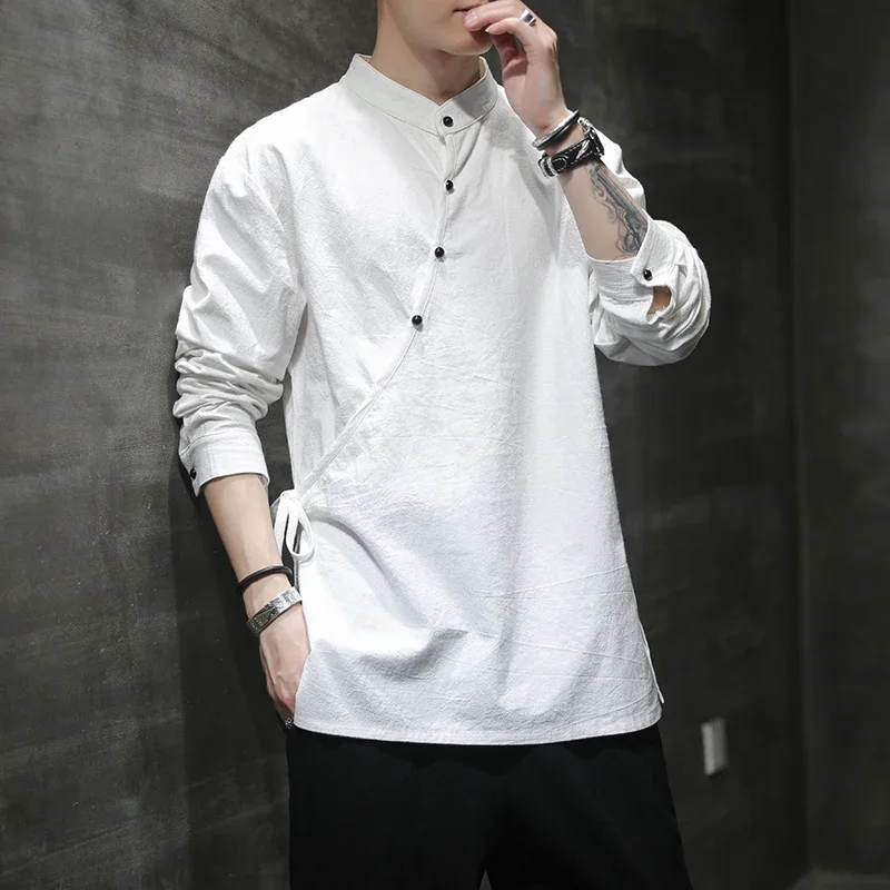

Mens Chinese Style Hemp Shirt Cotton Linen Tang Suit Hanfu Retro Stand-Up Collar Zen Clothes Harajuku Tops Clothes Men Clothing