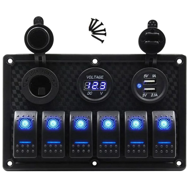 

12/24V 6 Buttons Switch Panel with Digital Voltmeter Tester 3.0 USB Chargers Bule Light Boat Power Adapter