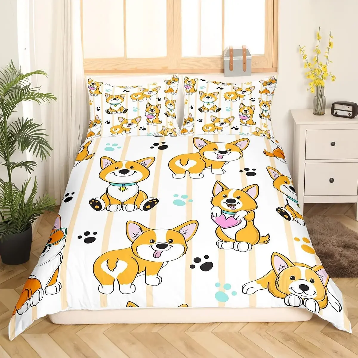 Corgi Duvet Cover Set King Queen Size Polyester Comforter Cover For Kids Boys Girls Bedding Set With Pillowcase Cute Kawaii Dog