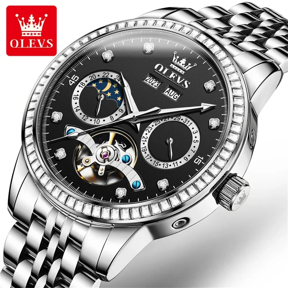 

OLEVS 7016 Luxury Mechanical Watch For Men Moon Phase Hollow Dial Luminous Fashion Automatic Wristwatch Original Mens Watches